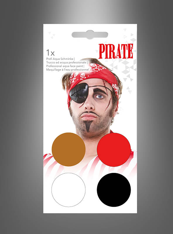 Das „Pirat Aqua Make-up-Set“ zeigt das Bild einer Person in Piratenkostüm und enthält vier Farben – Braun, Rot, Weiß und Schwarz –, die unterhalb des Bildes abgebildet sind. Dieses Set enthält alles, was man für kreative Piraten-Make-up-Looks benötigt, und eignet sich daher perfekt, um sich in einen echten Piraten zu verwandeln.