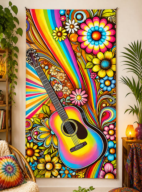 Die „70er Hippie-Gitarre“ – eine waschbare Hintergrunddekoration im Format 100 x 185 cm – mit ihrer regenbogenfarbenen Gitarre, umgeben von leuchtenden, psychedelischen Blumen und Mustern, ist das perfekte Blickfang-Element für jeden dekorierten Raum. Diese auffällige Flower-Power-Dekoration sorgt für einen Farbtupfer und eignet sich ideal, um eine Retro-Atmosphäre mit echtem Hippie-Flair zu schaffen.