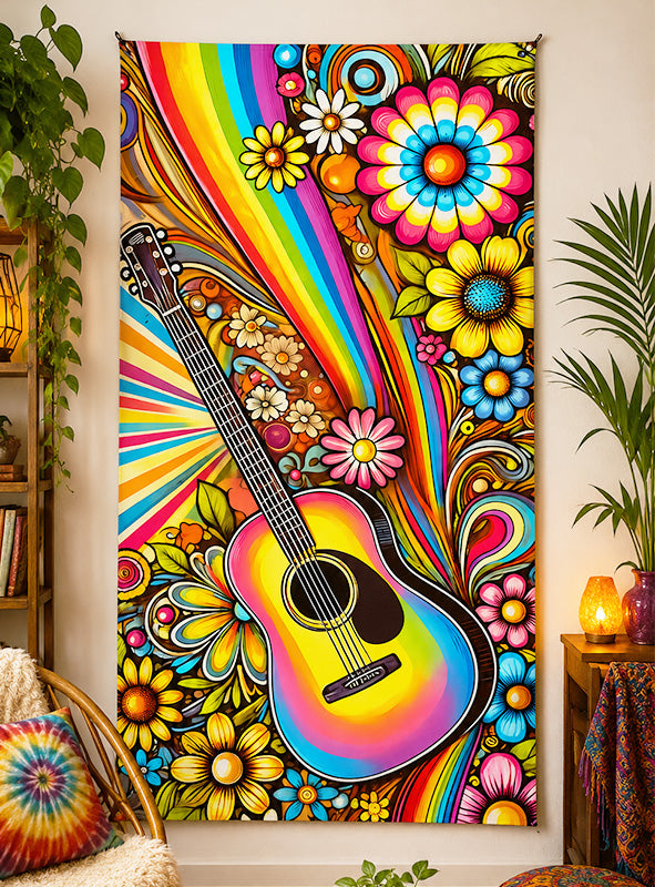 Die „70er Hippie-Gitarre“ – eine waschbare Hintergrunddekoration im Format 100 x 185 cm – mit ihrer regenbogenfarbenen Gitarre, umgeben von leuchtenden, psychedelischen Blumen und Mustern, ist das perfekte Blickfang-Element für jeden dekorierten Raum. Diese auffällige Flower-Power-Dekoration sorgt für einen Farbtupfer und eignet sich ideal, um eine Retro-Atmosphäre mit echtem Hippie-Flair zu schaffen.