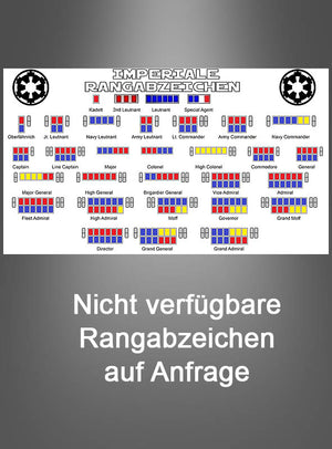 Tabelle mit den militärischen Rangabzeichen des Imperiums aus „Star Wars“, mit deutschen Bezeichnungen und farbcodierten Balken für die verschiedenen Ränge und Truppengattungen. Ideal für Fans, die auf der Suche nach einem originalgetreuen Generalrangabzeichen des Imperiums oder einem Cosplay-Abzeichen der 501. Legion sind. Der Text darunter lautet: Nicht verfügbare Rangabzeichen auf Anfrage.