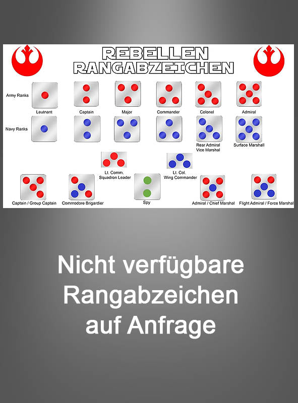Tabelle mit den Rangabzeichen der Rebellen aus „Star Wars“, mit farbigen Punkten zur Kennzeichnung der Ränge in der Armee, der Marine, bei den Piloten und in anderen Funktionen – ideal für „Rogue One“-Cosplay oder Sammler, die nach einer authentischen Nachbildung des Rangabzeichens von Spion-Captain Cassian Andor suchen. Weitere, nicht vorrätige Abzeichen sind auf Anfrage erhältlich.