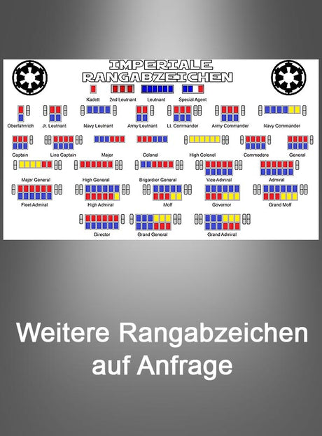 Tabelle mit den Rangabzeichen für den „Imperialen Kadetten der Armee“ aus „Star Wars“, deutlich gekennzeichnet mit Offiziers- und Kommandantentiteln. Enthält eine detaillierte Übersicht über die Abzeichen für Offiziersanwärter und die Rangabzeichen des Imperialen Kadetten. Mit dem Hinweis auf Deutsch: „Weitere Rangabzeichen auf Anfrage.“ Perfekt als Cosplay-Replik oder für „Star Wars“-Fans, die Wert auf authentische Details legen.
