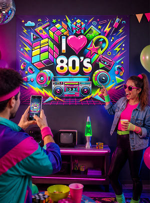 Zwei Personen in Retro-Outfits aus den 1980er Jahren posieren neben einer „I love 80s“-Neonreklame, umgeben von klassischer Partydekoration wie einer Boombox, einer Lavalampe, Rubik-Würfeln, Luftballons und farbenfroher Schwarzlicht-Dekoration. Das große, waschbare UV-Stoffbanner „80er Jahre“ (150 x 185 cm) als Partydekoration sorgt für einen zusätzlichen Farbtupfer und macht dies zur ultimativen Kulisse für eine unvergessliche 80er-Jahre-Party.