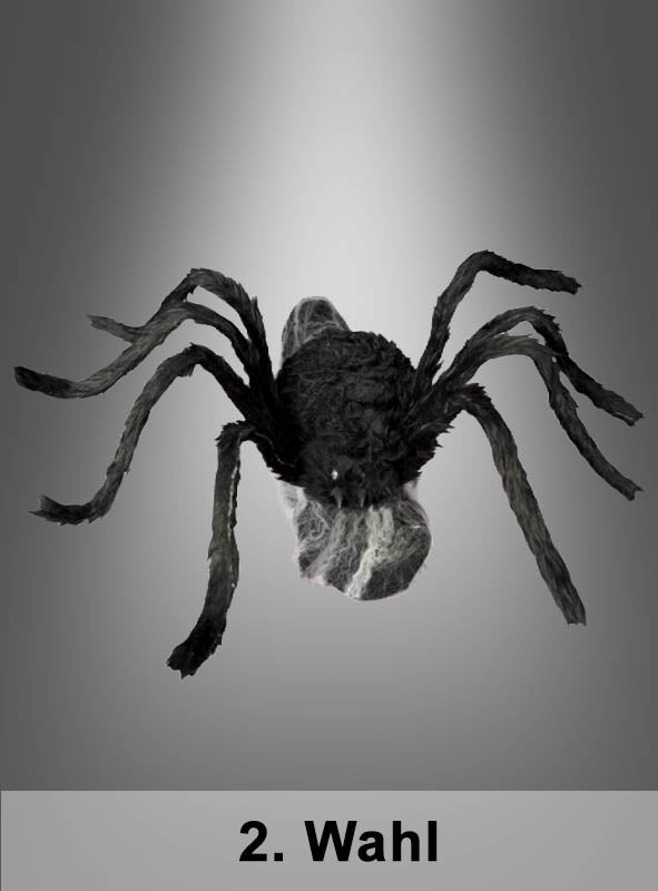 Eine schwarze, animierte Spinne mit den Maßen 70 x 50 cm („2. Wahl Springende Spinne“) und sichtbarem Spinnennetz ist vor einem grauen Hintergrund mit Farbverlauf zu sehen, wodurch eine gruselige Szene entsteht, die sich ideal für die Halloween-Dekoration eignet. Der Text „2. Wahl“ ist am unteren Bildrand zu sehen.