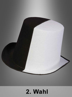 Ein „2. Wahl“-Zylinder in Schwarz-Weiß, der an ein klassisches Accessoire eines Harlekin-Kostüms erinnert, wird vor einem grauen Hintergrund mit Farbverlauf präsentiert, unter dem der Schriftzug „2. Wahl“ zu sehen ist.