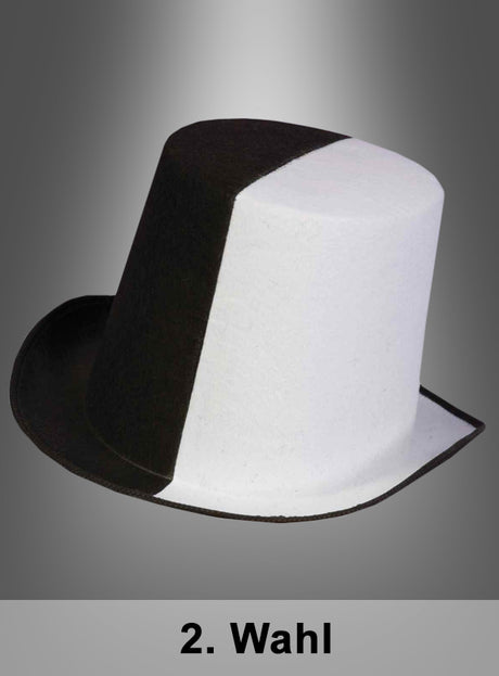 Ein „2. Wahl“-Zylinder in Schwarz-Weiß, der an ein klassisches Accessoire eines Harlekin-Kostüms erinnert, wird vor einem grauen Hintergrund mit Farbverlauf präsentiert, unter dem der Schriftzug „2. Wahl“ zu sehen ist.