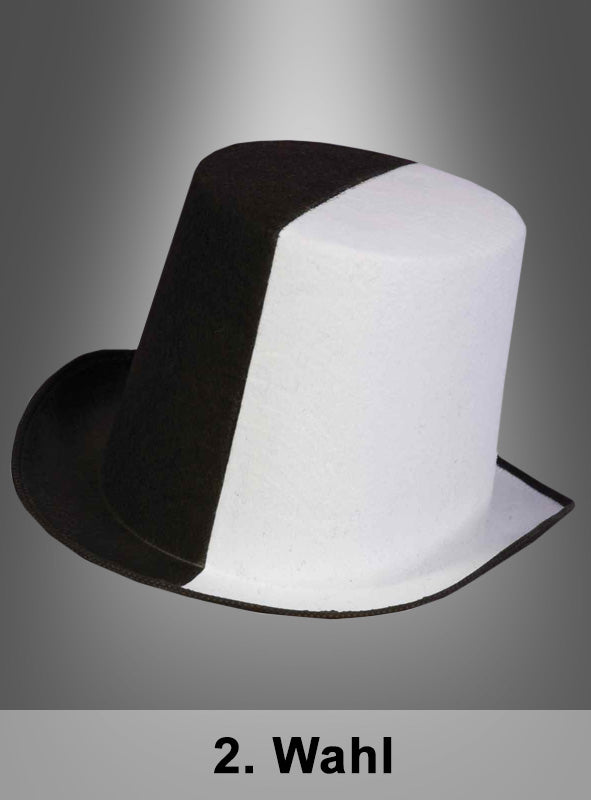 Ein „2. Wahl“-Zylinder in Schwarz-Weiß, der an ein klassisches Accessoire eines Harlekin-Kostüms erinnert, wird vor einem grauen Hintergrund mit Farbverlauf präsentiert, unter dem der Schriftzug „2. Wahl“ zu sehen ist.
