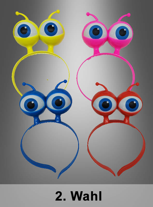 Vier verspielte „2. Wahl Alien Haarreif ohne Funktion“-Stirnbänder mit großen Comic-Augen und Fühlern in Gelb, Rosa, Blau und Rot sind vor einem grauen Hintergrund mit Farbverlauf abgebildet. Ideal zum Verkleiden auf Partys oder bei Themenveranstaltungen! Unten ist der Text „2. Wahl“ zu sehen.