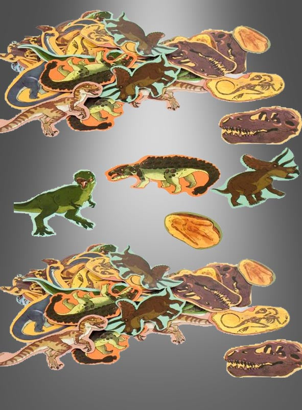 „Dino Konfetti Tischdeko 39 Teile“ besticht durch ausgestanzte Illustrationen von Dinosauriern, Dinosaurierschädeln und Fußabdrücken, die kunstvoll auf einem grauen Hintergrund mit Farbverlauf verstreut und gruppiert sind – perfekt für Ihre Dinosaurier-Party-Dekoration oder einen Kindergeburtstag.