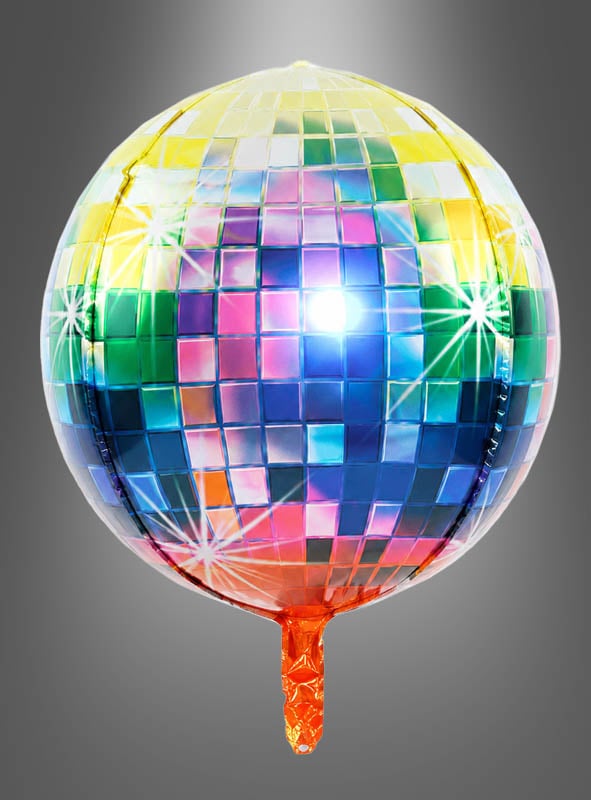 Wir präsentieren die „Discokugel“-Folienballon-Partydekoration: ein Folienballon, der einer leuchtenden Discokugel nachempfunden ist, mit einem schimmernden Mosaikmuster und vor einem eleganten grauen Farbverlauf als Hintergrund.