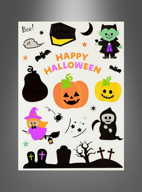Farbenfrohe und festliche Halloween-Aufkleber für Kinder mit einem Vampir, Kürbissen, einer Hexe, dem Sensenmann, Grabsteinen, Fledermäusen, einer Spinne und dem auffälligen Schriftzug „Happy Halloween“ – ideal als Dekoration für Kinderpartys, um bei jeder Feier fröhliche Festtagsstimmung zu verbreiten.