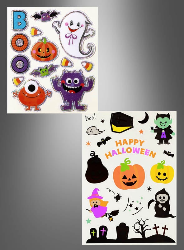 Zwei Bögen mit Halloween-Aufklebern für Kinder zeigen eine lustige Auswahl an Geistern, Kürbissen, Fledermäusen, Monstern, einer Hexe, einer Spinne, Grabsteinen sowie den Schriftzügen „BOO“ und „HAPPY HALLOWEEN“ vor einem stilvollen grauen Farbverlaufshintergrund. Ideal als Dekoration für Kinderpartys oder um jeder Halloween-Aufklebersammlung gruseligen Pfiff zu verleihen.