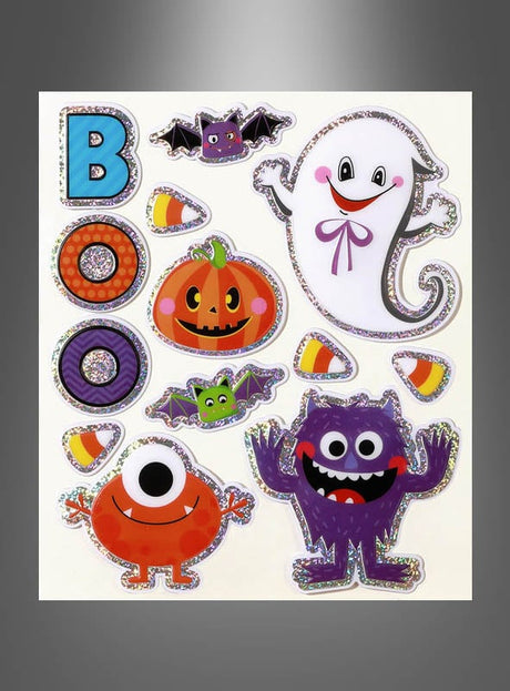 Halloween-Aufkleber für Kinder mit einem Geist, einem Kürbis, einer Fledermaus, Candy Corn, einem Monster, dem Wort „BOO“, einer grünen Spinne und einem orangefarbenen Zyklopen – alle mit glitzernden Rändern – eignen sich perfekt als Dekoration für Kinderpartys und sind ideal für Halloween-Feiern.