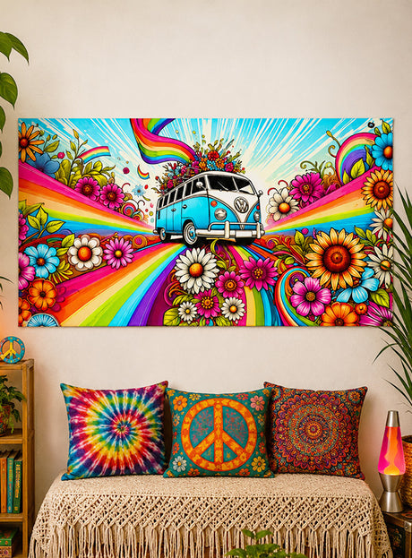 Verleihen Sie Ihrem Raum Retro-Charme mit dem „70er Jahre Hippie-Bus 100 x 185 cm Wandbild, waschbar“ – einem farbenfrohen Wandbild, das einen blauen Vintage-Bus inmitten von Blumen und Regenbögen zeigt. Es kommt perfekt zur Geltung über einem Sofa, das mit Kissen im Tie-Dye-Look und mit Peace-Zeichen verziert ist, während eine Lavalampe und Pflanzen in der Nähe die ultimative Hippie-Flower-Power-Wandbild-Atmosphäre unterstreichen.