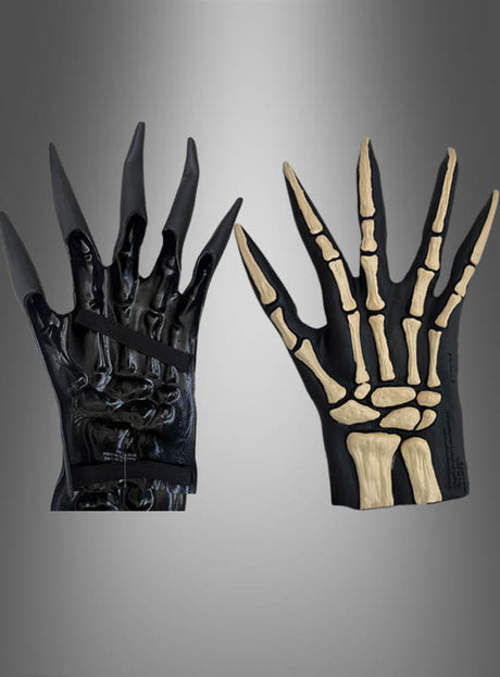 Ein Paar 3D-Skelett-Handschuhe mit Knochen aus Latex: Ein schwarzer Handschuh ist auf der Rückseite mit einem Skelett-Knochenmuster verziert und eignet sich ideal zur Vervollständigung eines Halloween-Kostüms, während der andere aus glänzendem schwarzem Latex gefertigt ist und lange, spitze Finger sowie einen Verschlussriemen über der Handfläche aufweist.