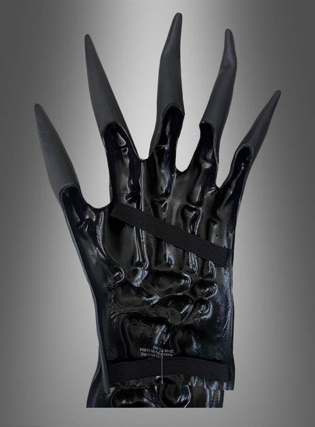 Ein Paar 3D-Skelett-Handschuhe mit Knochen aus Latex in glänzendem Schwarz, mit langen, spitzen Fingern und zwei horizontalen Riemen auf dem Handrücken, aufrecht vor einem grauen Hintergrund mit Farbverlauf präsentiert – ideal für Ihr Halloween-Kostüm oder als auffälliges Sensenmann-Accessoire.