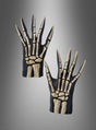 Zwei schwarze 3D-Skeletthandschuhe aus Latex mit Knochenmotiven, die an Skeletthände erinnern, werden vor einem grauen Farbverlaufshintergrund präsentiert – damit sind sie das perfekte Accessoire für dein Halloween-Kostüm oder als gruseliges Sensenmann-Accessoire.