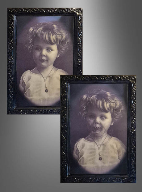 Zwei gerahmte Porträts eines kleinen Kindes mit dem Titel „Gruseliges Hologramm-Wackelbild – Halloween-Deko“: Auf dem einen Bild lächelt das Kind lieblich, während es auf dem anderen ein gruseliges Grinsen zeigt und Skelettzüge aufweist.