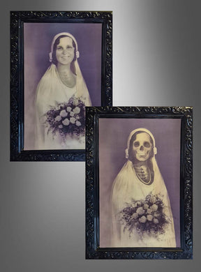 Zwei Porträts aus der Serie „Gruseliges Hologramm-Wackelbild-Halloween-Deko“: Auf dem einen ist eine lächelnde Braut mit Blumen zu sehen, während sich auf dem anderen dieselbe Braut – noch immer in ihrem Brautkleid und mit ihrem Brautkopfschmuck – in ein Skelett verwandelt.