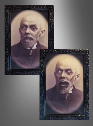 Zwei gerahmte Porträts mit der Aufschrift „Gruseliges Hologramm Wackelbild Halloween-Deko“ eines glatzköpfigen Mannes mit Bart: Auf dem einen sieht er ganz normal aus, auf dem anderen verwandelt sich sein Gesicht in einen monströsen Ausdruck mit weißen Augen und scharfen Zähnen.