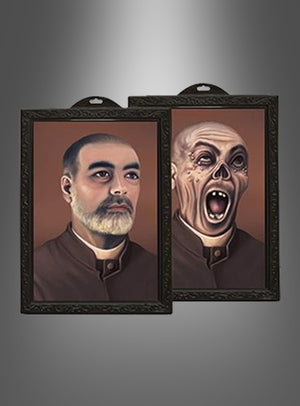Gruseliges Hologramm-Wackelbild als Halloween-Dekoration: Ein Doppelbildrahmen, der einen bärtigen Mann mit ausdruckslosem Gesicht zeigt, der sich in dasselbe Mann als Skelett mit offenem Mund verwandelt.