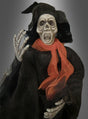 Eine „Gruselige Geister-Halloween-Dekoration, 90 cm“ in Form einer Skelettfigur mit schwarzem Umhang, spitzem Hut und orangefarbenem Schal steht mit erhobener Hand und offenem Mund da – eine perfekte Halloween-Dekoration für Ihr Zuhause. Diese gruselige Puppe verleiht jeder Umgebung eine unheimliche Note und ist somit ideal für Fans von gespenstischen hängenden Figuren.