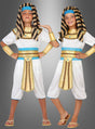 Zwei Kinder, die das „Ägyptisches Pharao“-Kinderkostüm tragen – mit weiß-goldenen Motiven aus dem alten Ägypten, blauen Akzenten, gestreiften Kopfbedeckungen und Sandalen –, stehen vor einem grauen Hintergrund. Die Kostüme eignen sich perfekt für Kinderfasching-Feiern und verkörpern den majestätischen Stil der alten Könige, ohne dabei auf Komfort und Spaß zu verzichten.