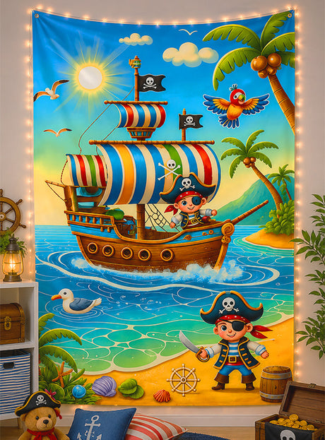 Verwandeln Sie Ihren Raum in eine abenteuerliche Oase mit dem „Piraten-Stoffhintergrund 120 x 185 cm – Deko, waschbar“ – einem farbenfrohen, waschbaren Stoffhintergrund mit einem gezeichneten Piratenschiff auf hoher See, zwei Piraten, einem Papagei und einer tropischen Kulisse – perfekt kombinierbar mit anderer Piraten-Dekoration und Artikeln zum Thema Piraten für eine lebendige Raumgestaltung.