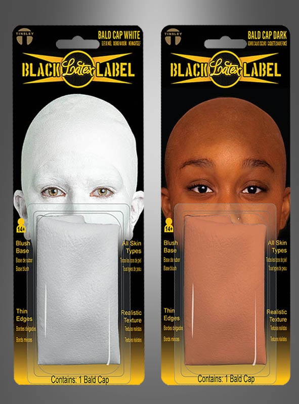 Es werden zwei Verpackungen der „Latex Glatzenkappe FX Film Glatze Tinsley Transfers“ gezeigt: eine mit der Aufschrift „Bald Cap White“, auf der ein hellhäutiges Model abgebildet ist, und die andere mit der Aufschrift „Bald Cap Dark“, auf der ein dunkelhäutiges Model abgebildet ist. Auf jeder Verpackung ist deutlich entweder das „Glatzenkappe Deluxe“- oder das „Black Label Latex“-Logo zu sehen, wodurch die hochwertige Latex-Glatzenkappe in der jeweiligen Farbe hervorgehoben wird.