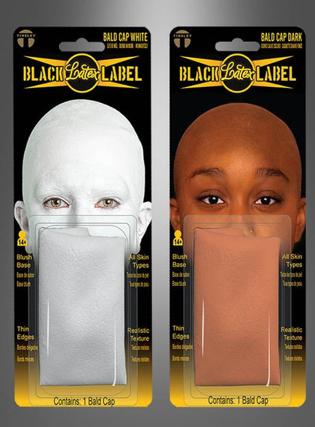 Es werden zwei Verpackungen der „Latex Glatzenkappe FX Film Glatze Tinsley Transfers“ gezeigt: eine mit der Aufschrift „Bald Cap White“, auf der ein hellhäutiges Model abgebildet ist, und die andere mit der Aufschrift „Bald Cap Dark“, auf der ein dunkelhäutiges Model abgebildet ist. Auf jeder Verpackung ist deutlich entweder das „Glatzenkappe Deluxe“- oder das „Black Label Latex“-Logo zu sehen, wodurch die hochwertige Latex-Glatzenkappe in der jeweiligen Farbe hervorgehoben wird.
