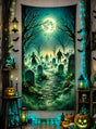 Verwandeln Sie Ihren Raum mit dem „Zombie Friedhof“-Wandbild (100 x 185 cm), einer waschbaren Dekoration – einem gruseligen Wandbild, das Zombies zeigt, die auf einem nebligen, vom Vollmond beleuchteten Friedhof aus ihren Gräbern auferstehen, umgeben von Kürbislaternen, Totenköpfen, Kerzen und unheimlichen Halloween-Dekorationen. Das Design besticht durch einen beeindruckenden UV-Effekt, der die gespenstische Szene nach Einbruch der Dunkelheit zum Leuchten bringt.