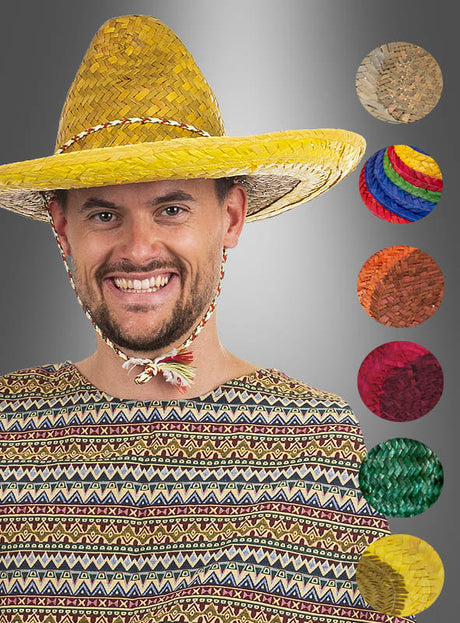 Ein lächelnder Mann in einem gemusterten Hemd trägt den „Mexikaner Hut Sombrero Unisex“ aus gelbem Stroh, während rechts auf grauem Hintergrund sechs farbenfrohe Strohhut-Modelle zu sehen sind – ideal für Ihr nächstes Amigo-Kostüm.