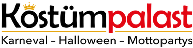 Das „Kostümpalast“-Logo mit einer Krone auf dem „o“ und darunter in schwarzer und roter Schrift die Worte „Karneval – Halloween – Mottopartys“.