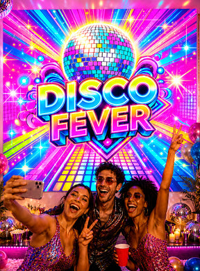 Drei Personen in glitzernden Outfits machen ein Selfie vor einem bunten „Disco Fever“-Schild mit einer großen Discokugel, leuchtenden Lichtern, sowie festlichen Dekorationen, darunter eine auffällige Wanddekoration im Stil der 70er Jahre und das waschbare „Disco Fever“-Stoffbanner (190 x 220 cm) als Partydekoration, die die Stimmung der Party perfekt einfangen.