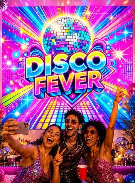 Drei Personen in glitzernden Outfits machen ein Selfie vor einem bunten „Disco Fever“-Schild mit einer großen Discokugel, leuchtenden Lichtern, sowie festlichen Dekorationen, darunter eine auffällige Wanddekoration im Stil der 70er Jahre und das waschbare „Disco Fever“-Stoffbanner (190 x 220 cm) als Partydekoration, die die Stimmung der Party perfekt einfangen.