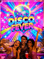 Drei Personen in glitzernden Outfits machen ein Selfie vor einem bunten „Disco Fever“-Schild mit einer großen Discokugel, leuchtenden Lichtern, sowie festlichen Dekorationen, darunter eine auffällige Wanddekoration im Stil der 70er Jahre und das waschbare „Disco Fever“-Stoffbanner (190 x 220 cm) als Partydekoration, die die Stimmung der Party perfekt einfangen.
