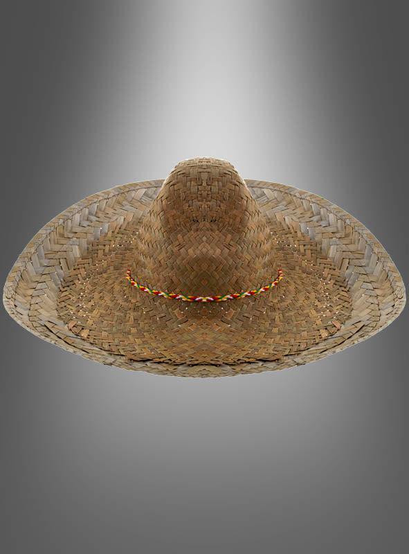 Der „Mexikaner Hut Sombrero Unisex“ besticht durch sein geflochtenes Strohdesign mit breiter Krempe und gemustertem Band, das sich vor einem grau verlaufenden Hintergrund abhebt – ideal, um Ihr Amigo-Kostüm abzurunden.