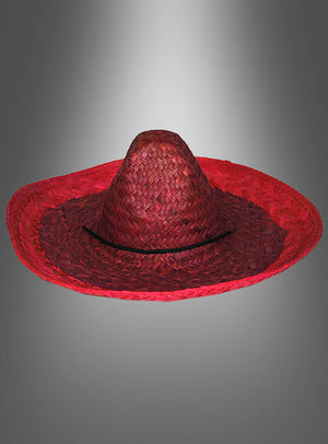 Ein leuchtend roter „Mexikaner Hut Sombrero Unisex“ mit breiter Krempe und spitzer Krone, der jedes Amigo-Kostüm perfekt abrundet, vor einem grauen Hintergrund mit Farbverlauf.