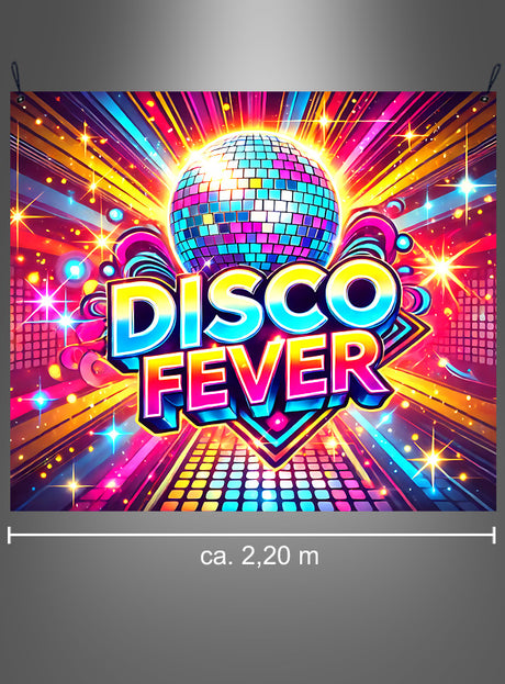 „Disco Fever“ – Stoffbanner (190 x 220 cm), waschbare Partydekoration mit einer Mosaik-Discokugel, leuchtenden Lichtblitzen und geometrischen Mustern; ideal als Wanddekoration im Stil der 70er Jahre oder als Partydekoration. Breite des Banners ca. 2,20 Meter.