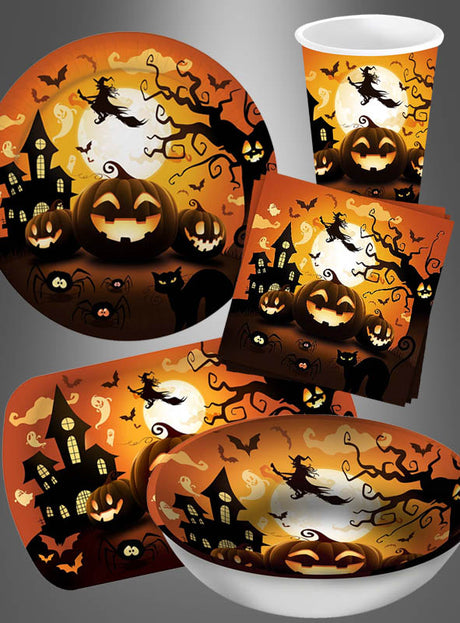 Verleihen Sie Ihrer gruseligen Feier mit den 6er-Pappbechern „Halloween-Kürbisse“ in verschiedenen Größen eine festliche Note! Diese Einwegbecher im Halloween-Design sind mit Kürbissen, schwarzen Katzen, Spukhäusern, Fledermäusen, Geistern und einer auf ihrem Besen fliegenden Hexe vor einem orange-gelben Himmel verziert – das perfekte Partyzubehör für jede Halloween-Feier.