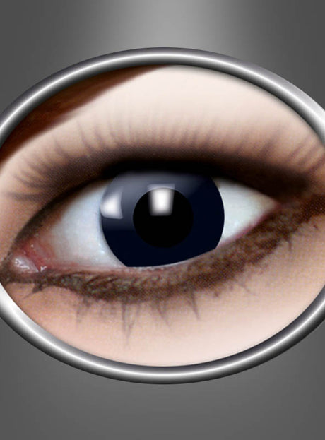 Eine Nahaufnahme eines menschlichen Auges, umrahmt von einem metallischen ovalen Rand, die detailliert die Wimpern, das Augenlid und die Reflexionen in der Pupille zeigt – mit der „1 Stk. Jahreslinse schwarz mit Stärke“, die den Blick dezent unterstreicht.