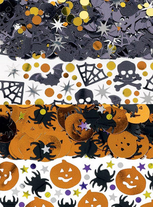 Die „Halloween-Konfetti-Streudeko“-Reihen – festliches Konfetti speziell für Ihre Halloween-Party – zeigen Kürbisse, Spinnen, Fledermäuse, Totenköpfe, Spinnweben und glitzernde Sterne in Schwarz, Orange, Silber, Gold und Lila auf weißem Hintergrund; perfekt als Konfetti-Tischdekoration.