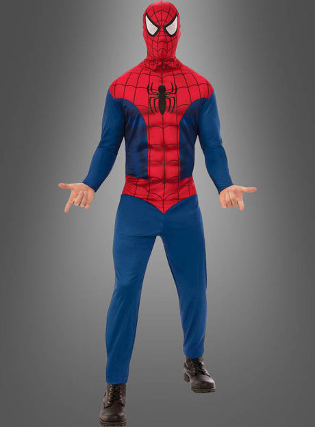 Eine Person, die das Spiderman-Kostüm für Herren trägt – einschließlich Ganzkörperanzug und Maske –, steht mit gespreizten Beinen und nach vorne ausgestreckten Händen vor einem grau abgesetzten Hintergrund, was dieses Marvel-Lizenzkostüm zur idealen Wahl für jeden Liebhaber von Superhelden-Kostümen für Erwachsene macht.