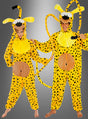 Zwei Personen tragen leuchtend gelbe Marsupilami-Kostüme für Erwachsene im One-Piece-Stil mit langen Schwänzen, schwarzen Flecken und Schlappohren – perfekt für alle, die auf der Suche nach einem lustigen Comic-Kostüm sind – und stehen barfuß vor einem grauen Hintergrund mit Farbverlauf.