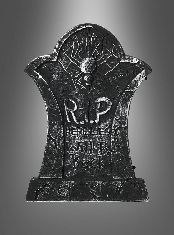 Ein grauer Grabstein mit Halloween-Motiv im „Verschiedenes“-Design zeigt ein Spinnen- und Netzmotiv mit dem Text „RIP. Here Lies Will B. Back“ auf einem grau verlaufenden Hintergrund und ist damit die perfekte gruselige Ergänzung für Ihre Halloween-Dekoration.