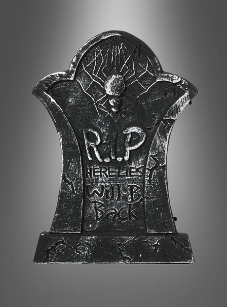 Ein grauer Grabstein mit Halloween-Motiv im „Verschiedenes“-Design zeigt ein Spinnen- und Netzmotiv mit dem Text „RIP. Here Lies Will B. Back“ auf einem grau verlaufenden Hintergrund und ist damit die perfekte gruselige Ergänzung für Ihre Halloween-Dekoration.