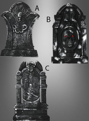 Drei Grabstein-Halloween-Dekorationen in verschiedenen Designs in Schwarz, gekennzeichnet mit A, B und C, eignen sich perfekt als Halloween-Dekoration. Grabstein B besticht durch rot leuchtende Augen und ein Totenkopfmotiv, während die Grabsteine A und C beide die Aufschrift „RIP“ in einzigartigen Designs tragen – ideale Deko-Grabsteine, um eine gruselige Atmosphäre zu schaffen.