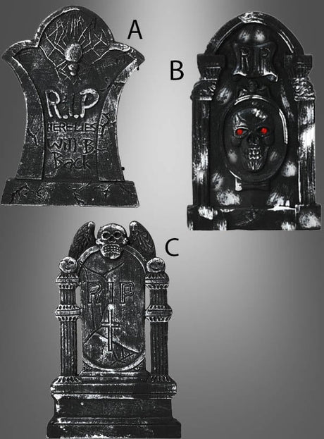 Drei Grabstein-Halloween-Dekorationen in verschiedenen Designs in Schwarz, gekennzeichnet mit A, B und C, eignen sich perfekt als Halloween-Dekoration. Grabstein B besticht durch rot leuchtende Augen und ein Totenkopfmotiv, während die Grabsteine A und C beide die Aufschrift „RIP“ in einzigartigen Designs tragen – ideale Deko-Grabsteine, um eine gruselige Atmosphäre zu schaffen.