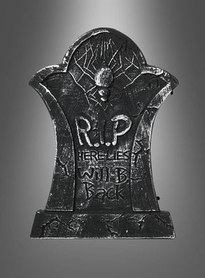 Halloween-Grabstein in verschiedenen Designs mit Spinne und Spinnennetz, graviert mit „R.I.P. HERE LIES WILL B. BACK“ vor einem grauen Farbverlauf – ideal als Halloween-Dekoration oder als einer deiner Deko-Grabsteine für eine gruselige Atmosphäre.