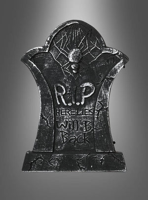 Halloween-Grabstein in verschiedenen Designs mit Spinne und Spinnennetz, graviert mit „R.I.P. HERE LIES WILL B. BACK“ vor einem grauen Farbverlauf – ideal als Halloween-Dekoration oder als einer deiner Deko-Grabsteine für eine gruselige Atmosphäre.